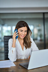 Happy mature middle aged business woman, smiling older professional lady executive manager talking...