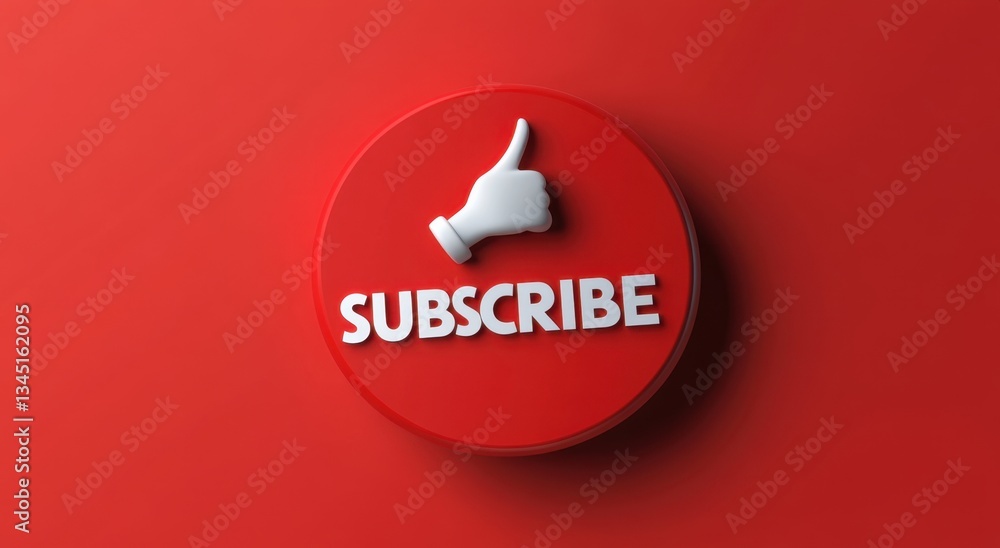 Poster subscribe button with thumbs up icon on red background