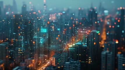 Naklejka premium Futuristic city skyline at night, digital art, aerial view, possible use for technology background