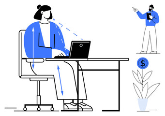 Woman working on laptop with arrows indicating progress, man presenting, plant, and dollar sign. Ideal for teamwork, productivity, presentation, strategy, workflow communication flat simple