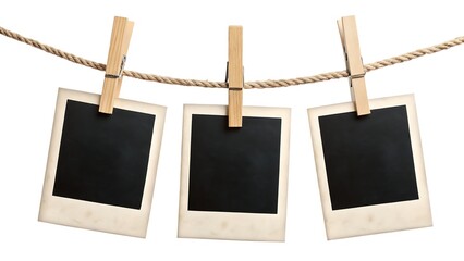 Three Blank Vintage Photographs Hanging On A Clothesline, Evoking Nostalgia And The Untold Stories Waiting To Be Captured On Film, With Simple Rustic Wooden Clothespins
