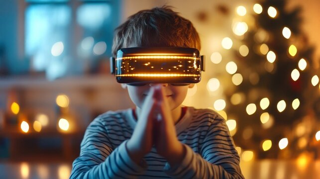 Red-haired preteen exploring virtual reality in cozy Irish countryside