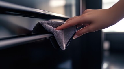 Naklejka premium Hand Cleaning a Surface with Microfiber Cloth for Hygiene and Maintenance