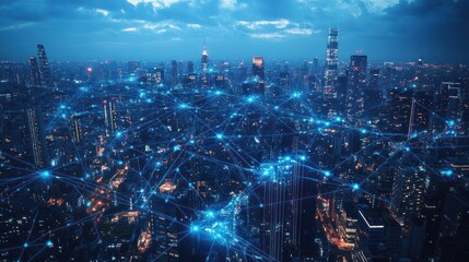 City at night with network connections. Aerial view. Possible stock photo