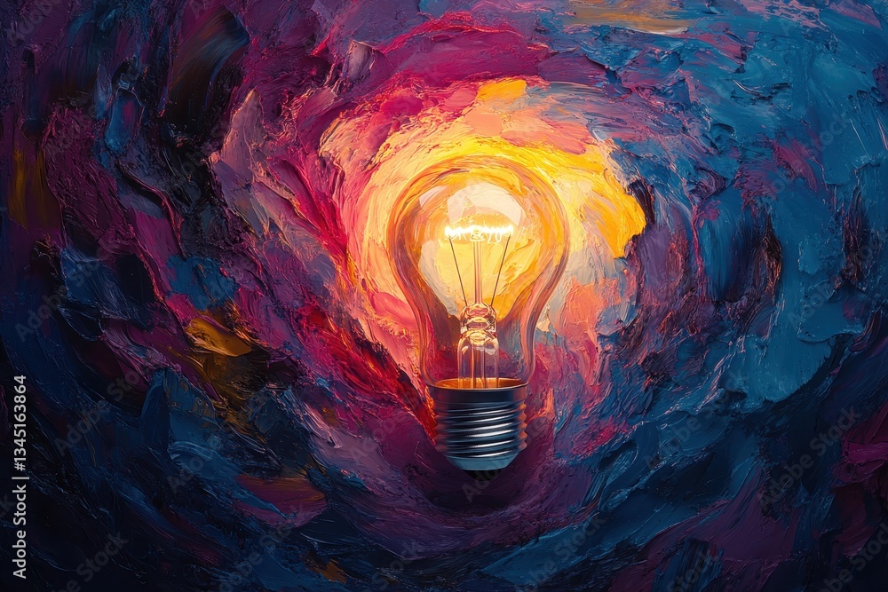 Leinwandbilder Bright light bulb surrounded by vivid abstract colors creating a dynamic and modern art piece in a creative studio setting