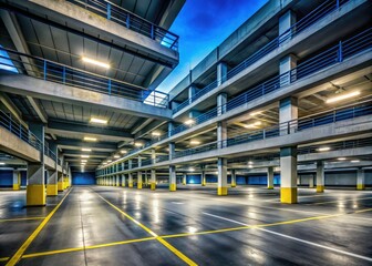 A deserted, multi-level car park under the night sky; vacant public parking, dimly lit.