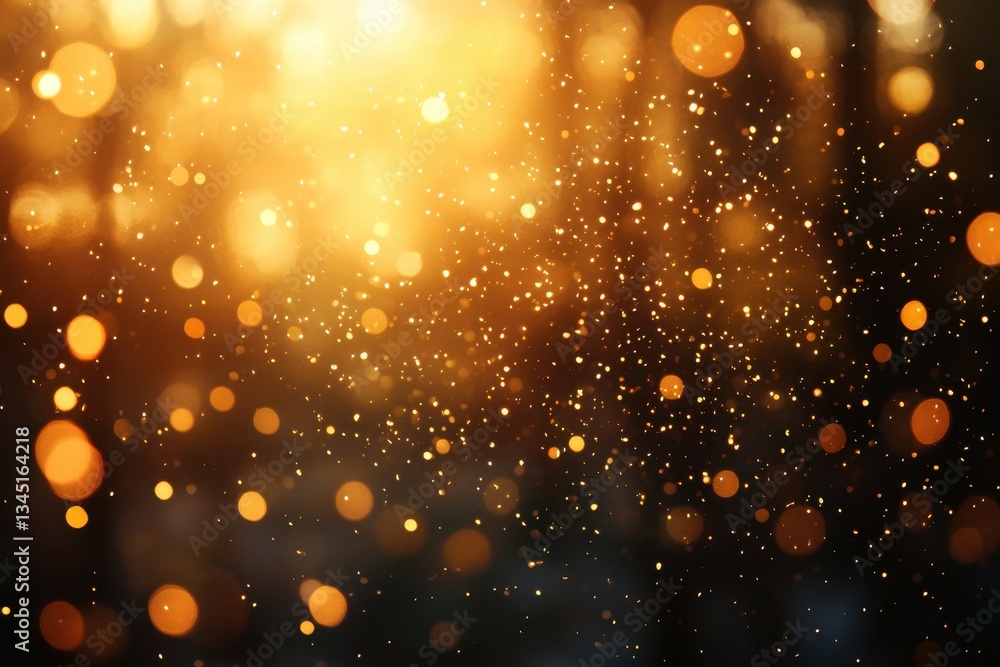 Poster golden bokeh lights create a magical atmosphere in a forest during dusk with scattered sparkles shim