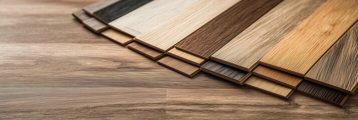 Wood laminate floor square samples. Assortment of parquet or laminate floor samples in natural colors. Oak wooden background.