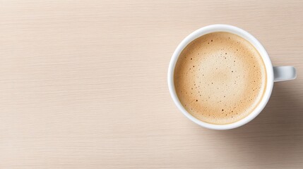 Fototapeta premium Aromatic coffee in a white cup on a light wooden surface. Atop the surface, a white mug holds a light brown, frothy coffee drink. The wooden tabletop is a neutral beige color