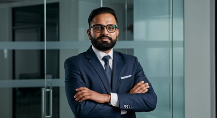 Fototapeta premium Successful Indian executive in a stylish navy blue suit and eyeglasses, posing with authority in a sleek office space. A symbol of leadership, ambition, and corporate excellence. Indian Businesman.