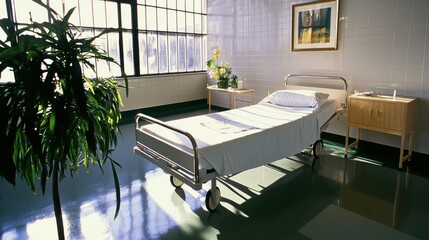 Hospital room with bed, large window, potted plants, nightstand, and artwork for healthcare concept, recovery, and well-being.