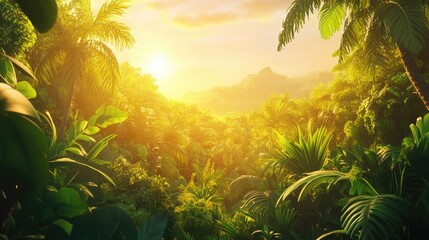 Obraz premium Serene Sunrise in Lush Tropical Jungle Surrounded by Vibrant Green Foliage and Warm Golden Light