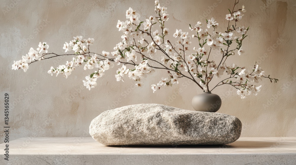 Aufkleber arrangement of smooth stones with delicate white flowers placed on top in a serene indoor setting du