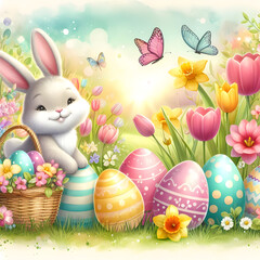 Obraz premium Cute Easter Bunny with Basket, Tulips and Blooming Flowers, Whimsical Easter Bunny and Spring Flowers Watercolor Illustration. Generative ai
