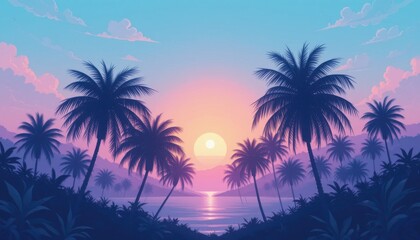 Tranquil Lavender & Aqua Sunset Dreamy Palm Tree Silhouette Illustration