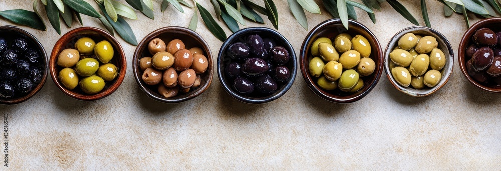Poster a colorful display of various olives in rustic bowls surrounded by olive branches on a textured surf
