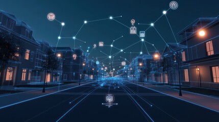 Smart city street at night, connected digital infrastructure, urban technology, 3D illustration, suitable for tech articles, presentations, or stock use