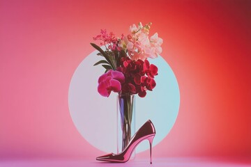 Elegant pink high heel shoe next to vibrant flowers in a modern vase, set against a colorful gradient background, perfect for fashion and lifestyle themes