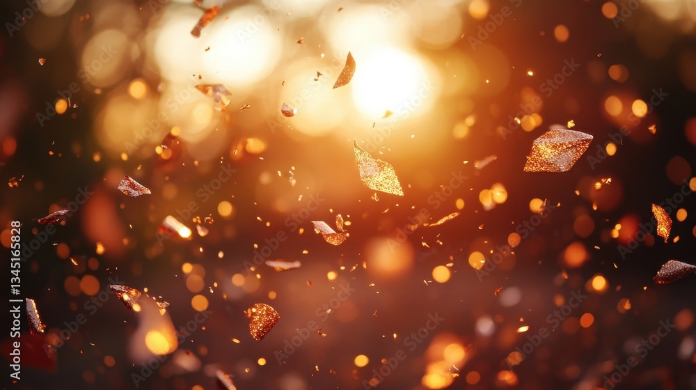 Poster celebratory confetti floating above a serene lake during sunset creating a magical atmosphere in an 