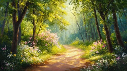 Naklejka premium Serene Forest Path with Sunlight Filtering Through Lush Green Trees and Vibrant Wildflowers in Spring