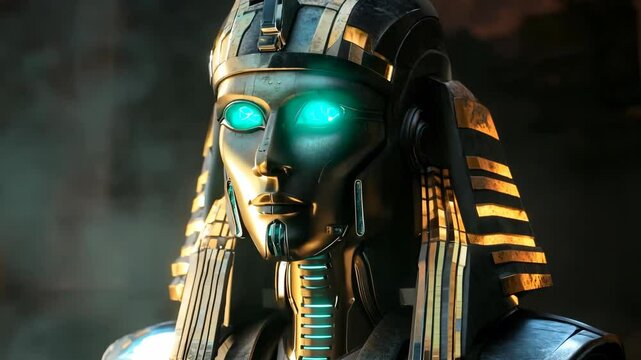 Ancient robotic figure inspired by Egyptian pharaohs stands against a dark background