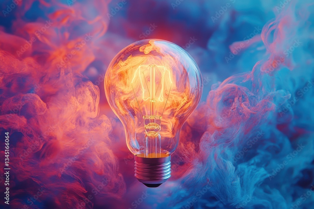 Poster Bright light bulb surrounded by vivid abstract colors creating a dynamic and modern art piece in a creative studio setting