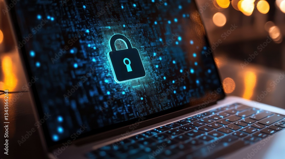 Poster a top-down view of a laptop with a digital lock icon on the screen, representing cybersecurity and o
