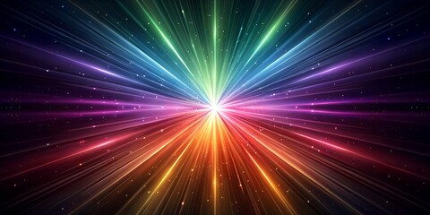 Naklejka premium Spectrum light flare radiating from the center, creating a mesmerizing digital starburst. Colorful neon explosion with cosmic dust particles and high-energy glow banner and cover