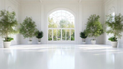 Fototapeta premium Elegant, bright, white interior with large window views of a garden