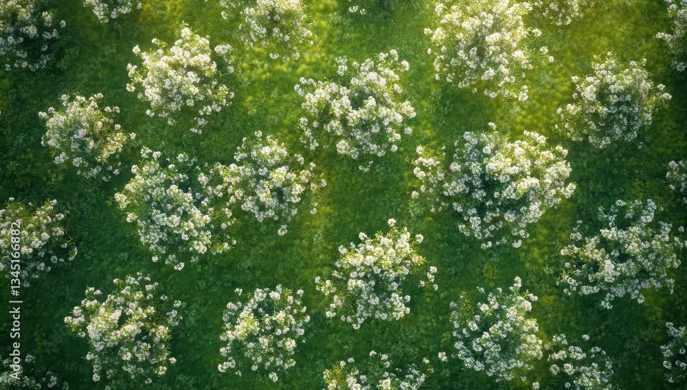 Poster aerial view of flowering trees on lush green grass in spring season with bright sunlight creating ar