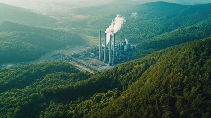 A vast industrial power plant surrounded by dense green forest, emphasizing the contrast between energy production and nature