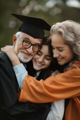 Fototapeta premium A heartfelt moment showing a graduate in academic attire warmly hugging her proud family members amidst a celebratory setting.
