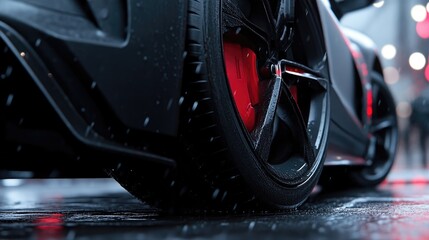 Obraz premium Modern sports car on a wet city street. Detailed close-up view of the rear tire and wheel