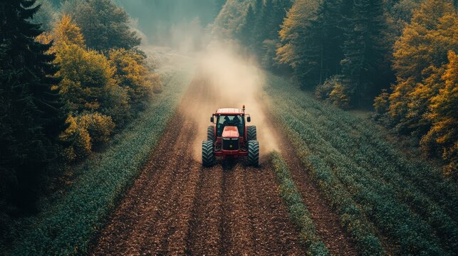 Agricultural landscape featuring a tractor working on a plowed field near forest