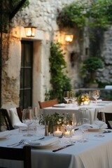 Elegant outdoor dining area with white tablecloths and candles, set in a historic courtyard.