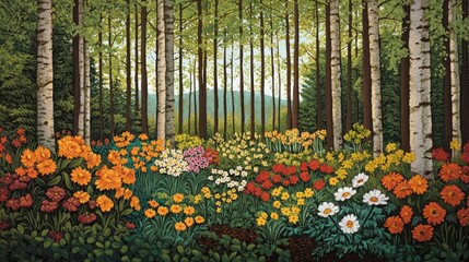 Obraz premium Colorful Floral Landscape with Vibrant Flowers Surrounding Tall Birch Trees in a Serene Forest Setting