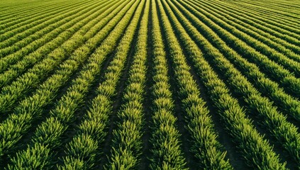 Aerial View of Lush Green Crop Rows in a Vast Agricultural Field Under Bright Sunlight with Clear Blue Sky