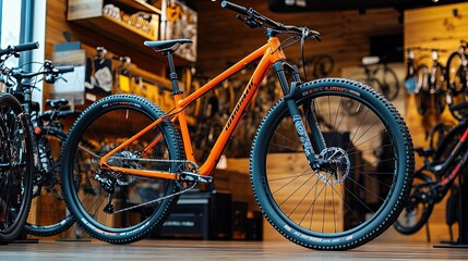 A vibrant orange mountain bike displayed prominently in a modern bike shop, with various cycling accessories and other bicycles visible in the background