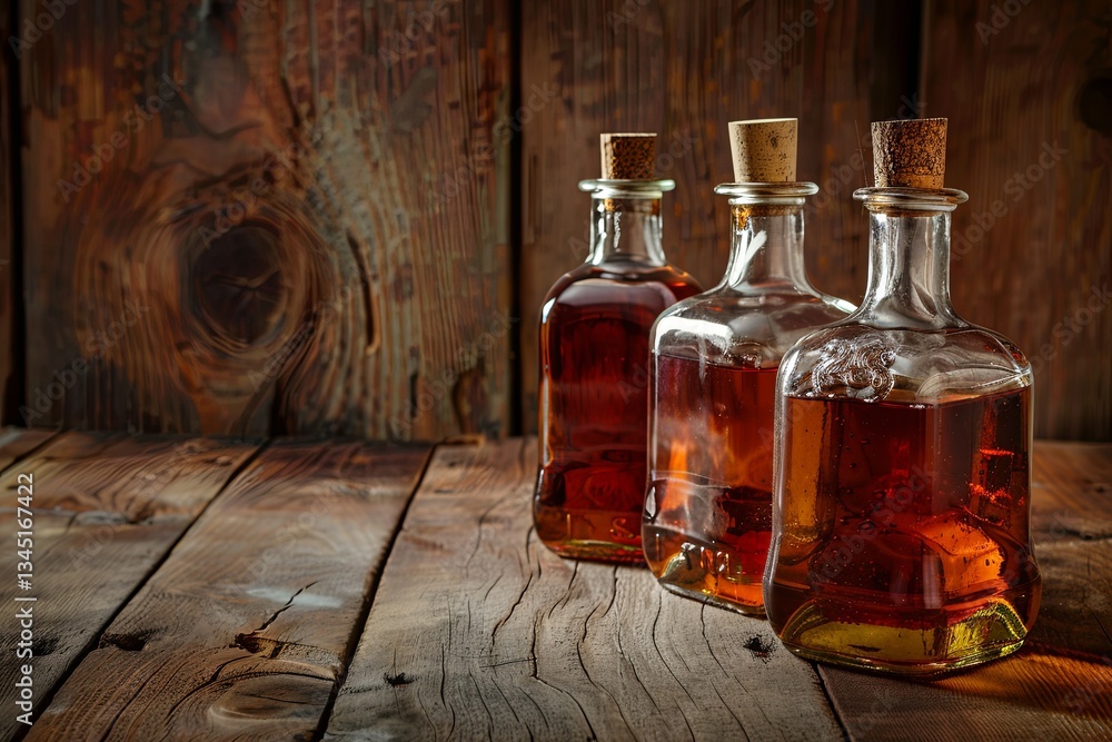 Poster strong alcohol in vintage bottles displayed on a rustic wooden table perfect for bar advertising and