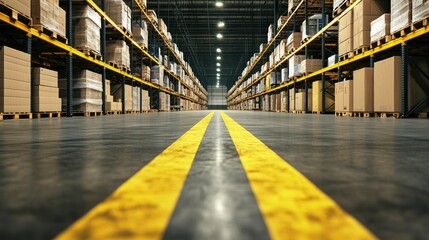 A warehouse interior with yellow safety lines on the floor, stacked pallets and boxes in the background, captured from a symmetrical perspective with overhead lights