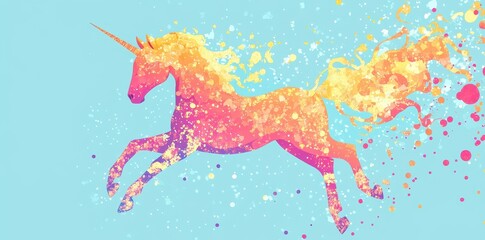 A colorful unicorn silhouette gallops across a bright blue background