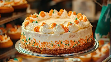 A bakery display featuring a freshly baked carrot cake with cream cheese frosting, celebrating National Carrot Cake Day in the USA