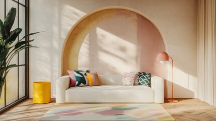 Modern living room with arched alcove, sunlight, and colorful accents