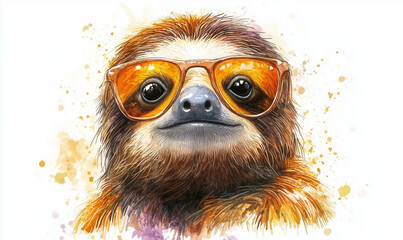 Obraz premium Funky Sloth Portrait with Sunglasses, Watercolor Animal Art, Cute Wildlife Illustration