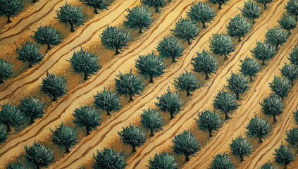 Aerial View of Olive Trees in Symmetrical Rows Capturing the Beauty of Agriculture and Nature from Above in a Vibrant Landscape