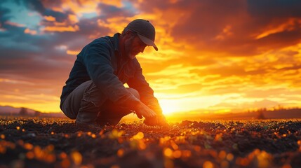 Fototapeta premium Dedicated agriculturalist tending to crops at sunset, vibrant skies above