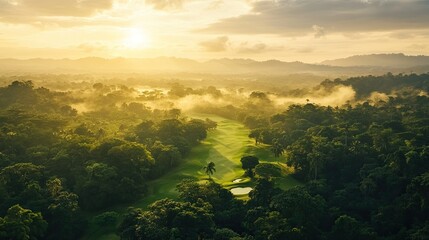 A breathtaking aerial view of a golf course surrounded by lush forests, bathed in the warm hues of a sunrise