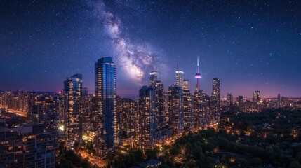 Fototapeta premium A breathtaking night cityscape with glowing skyscrapers under a vast starry sky, blending urban lights with cosmic beauty