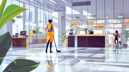 Office Cleaning Services in a Modern Workspace with Professional Cleaners at Work