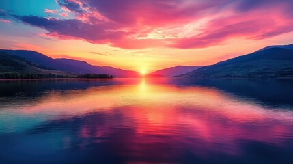 Fototapeta premium A breathtaking sunset reflects on the calm river waters, with rolling mountains in the background and a stunning array of colors in the sky